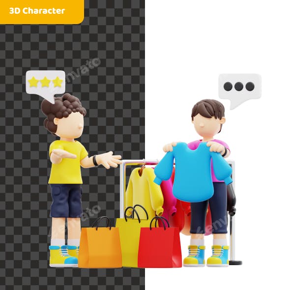 3D Couple Shopping Clothes Illustration