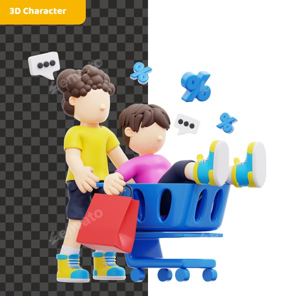 3d Couple Shopping Cart Illustration