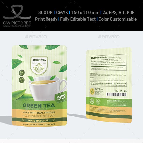 Green Tea Pouch Mylar Bag Template for Packaging