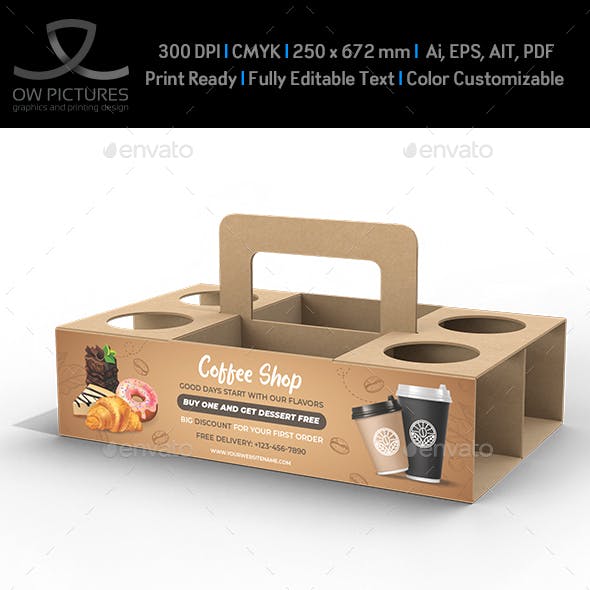 Cups Coffee Carrier with Handles Packaging Template