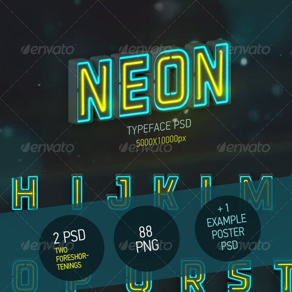 Neon Typeface (3 PSD, 88 PNG)