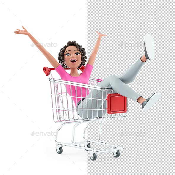 3D Beautiful Woman Sitting in Shopping Cart