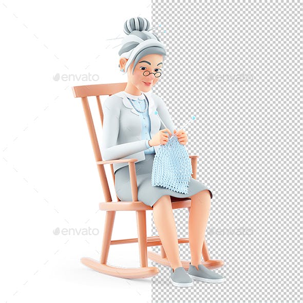 3D Cartoon Granny Knitting in Rocking Chair