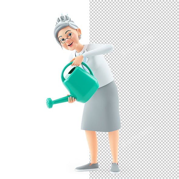 3D Cartoon Granny Using Watering Can