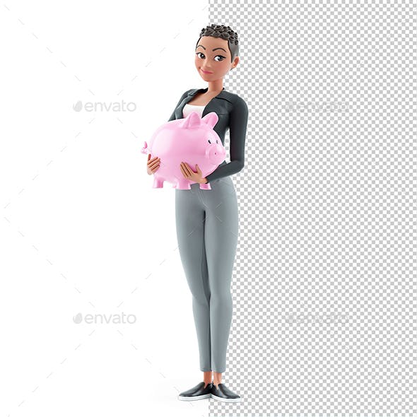 3D Character Woman Standing with Piggy Bank