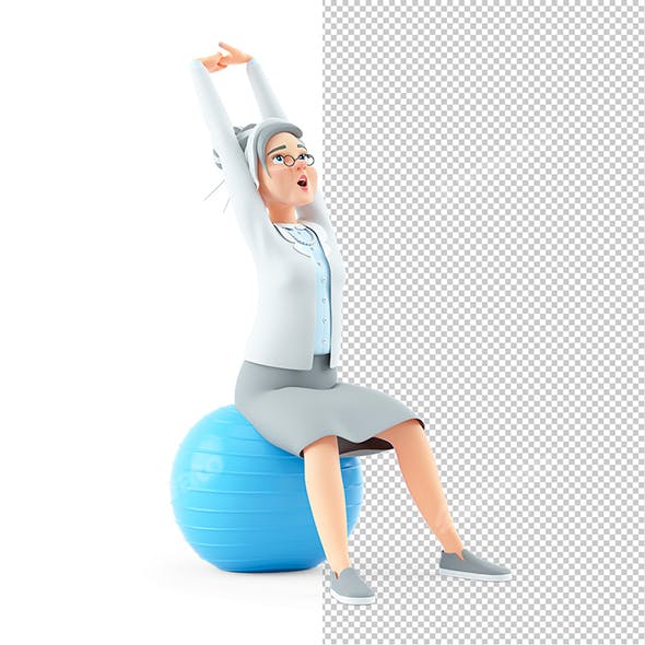 3D Cartoon Granny Sitting on Fitness Ball Doing Stretching Exercise