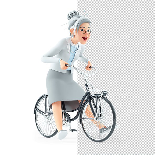 3D Cartoon Granny Riding Bicycle with Legs Out