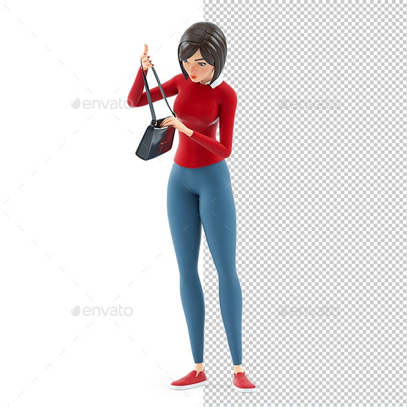 3D Casual Girl Searching for Something in her Handbag